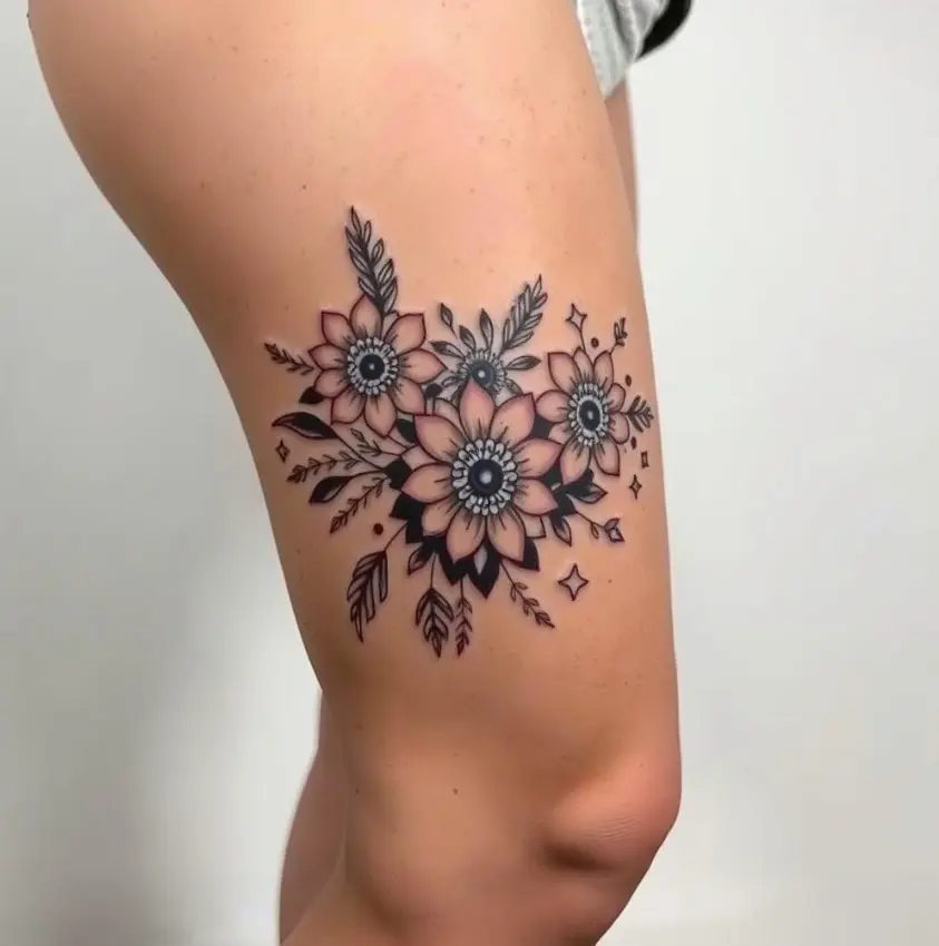 Bold and Beautiful above the knee tattoo