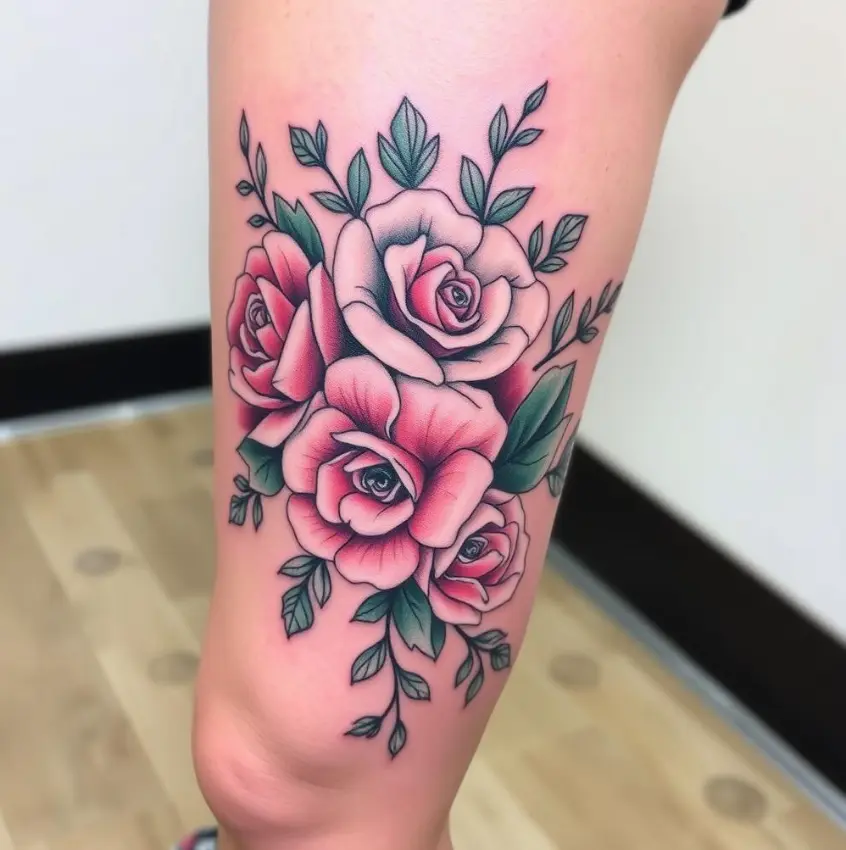 Bold and Vibrant above the knee tattoo 4