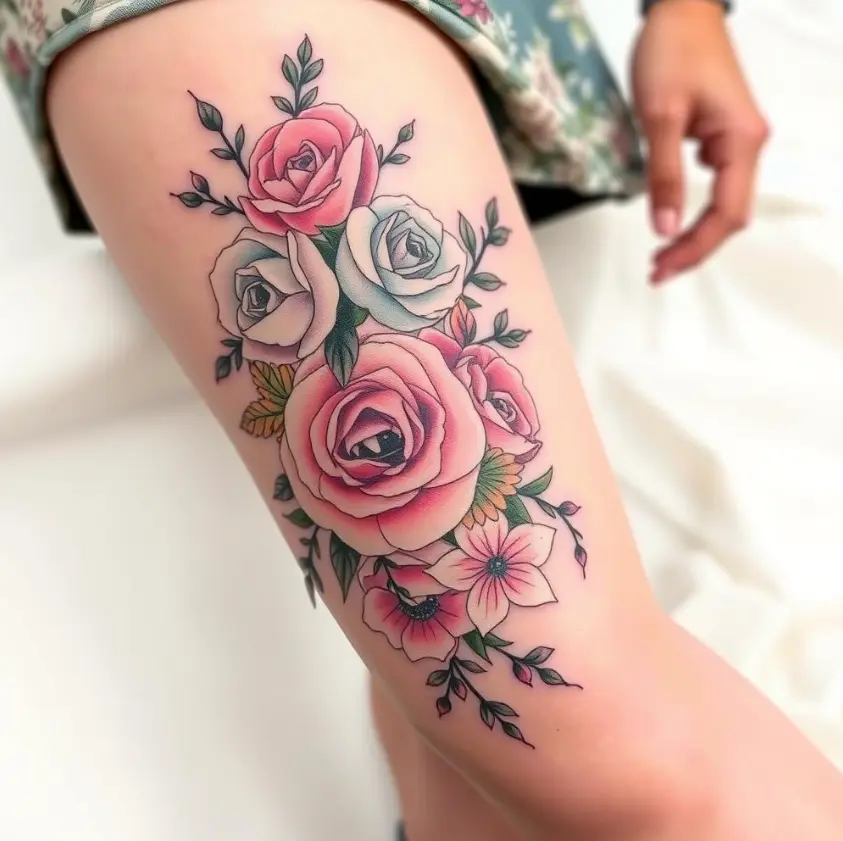 Bold and Vibrant above the knee tattoo
