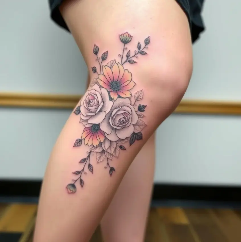 Delicate floral tattoos elegantly designed above the knee 2
