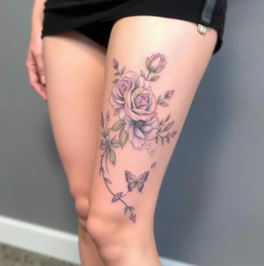 Delicate floral tattoos elegantly designed above the knee 3