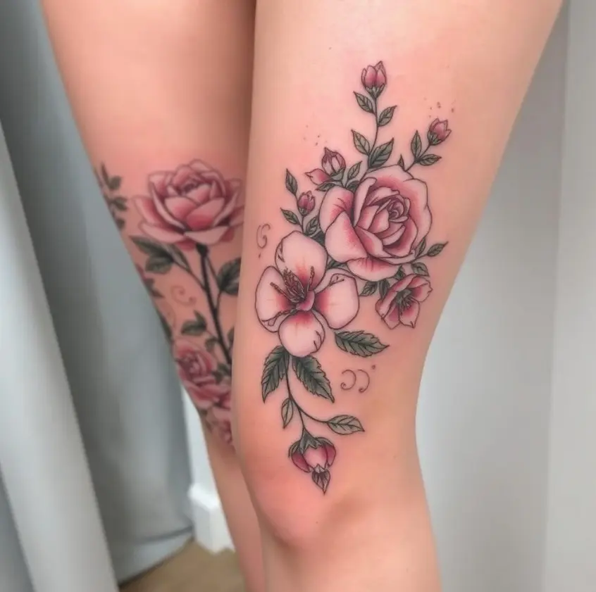 Delicate floral tattoos elegantly designed above the knee 4
