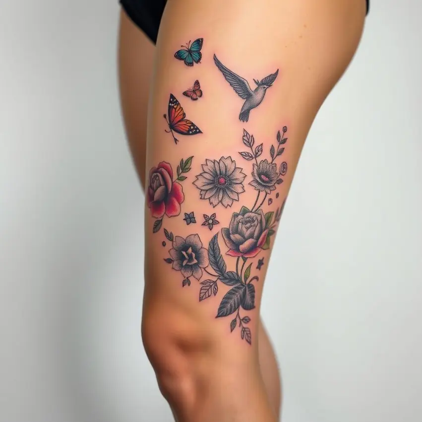 Feminine above the knee tattoo 3