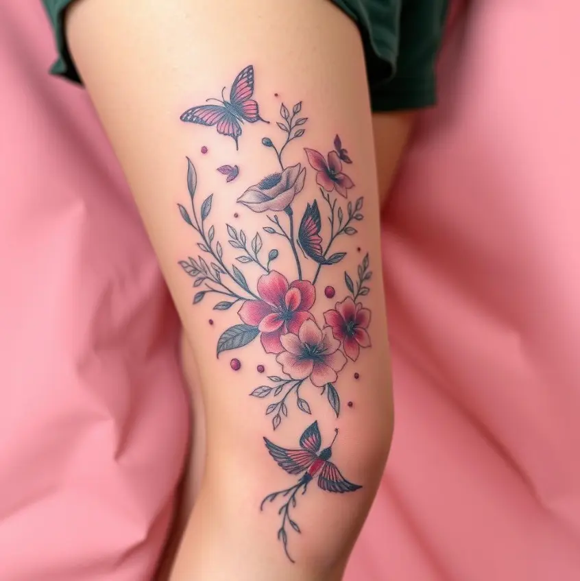 Feminine above the knee tattoo