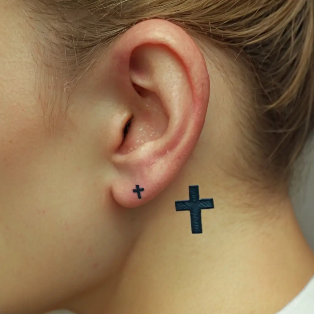 Behind the Ear Small Cross Tattoo 2