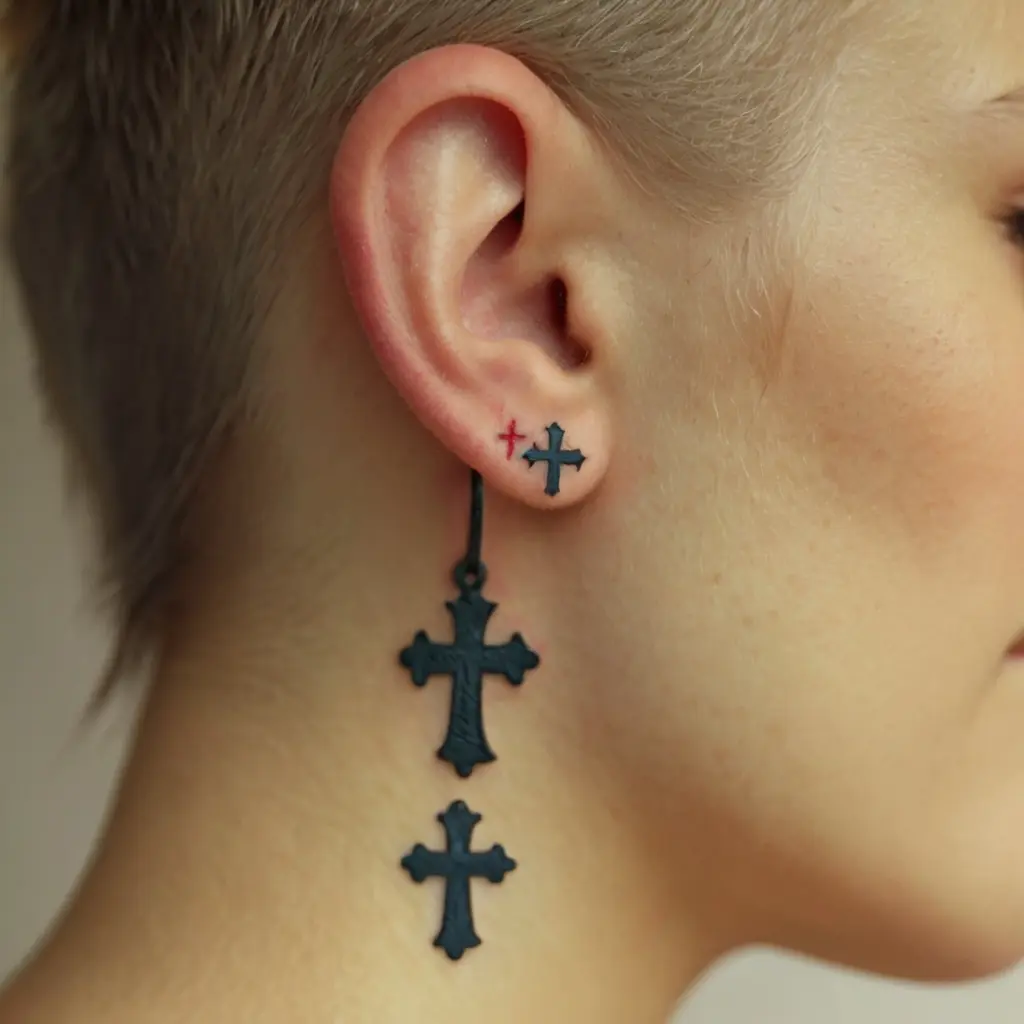 Behind the Ear Small Cross Tattoo