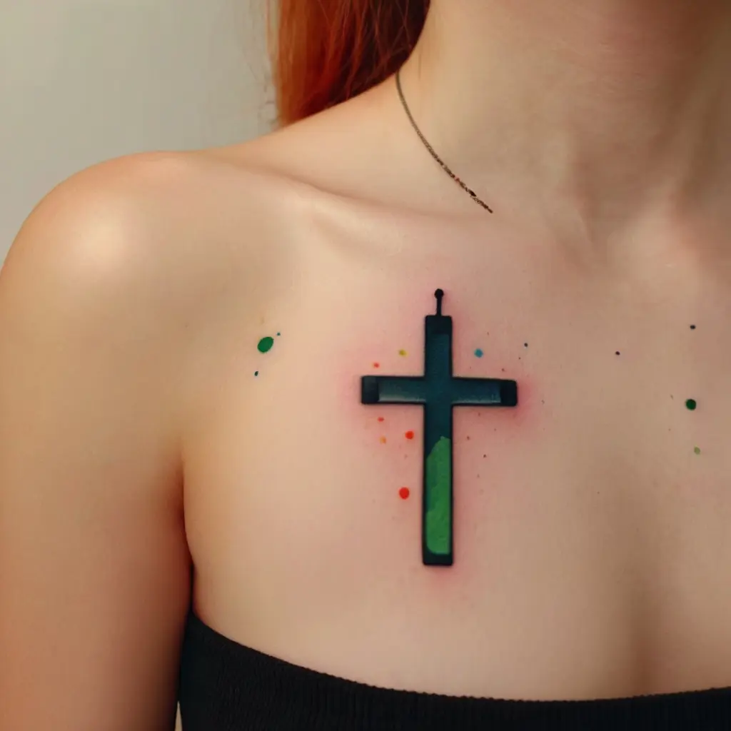 Colored Minimalist Cross Tattoo 2