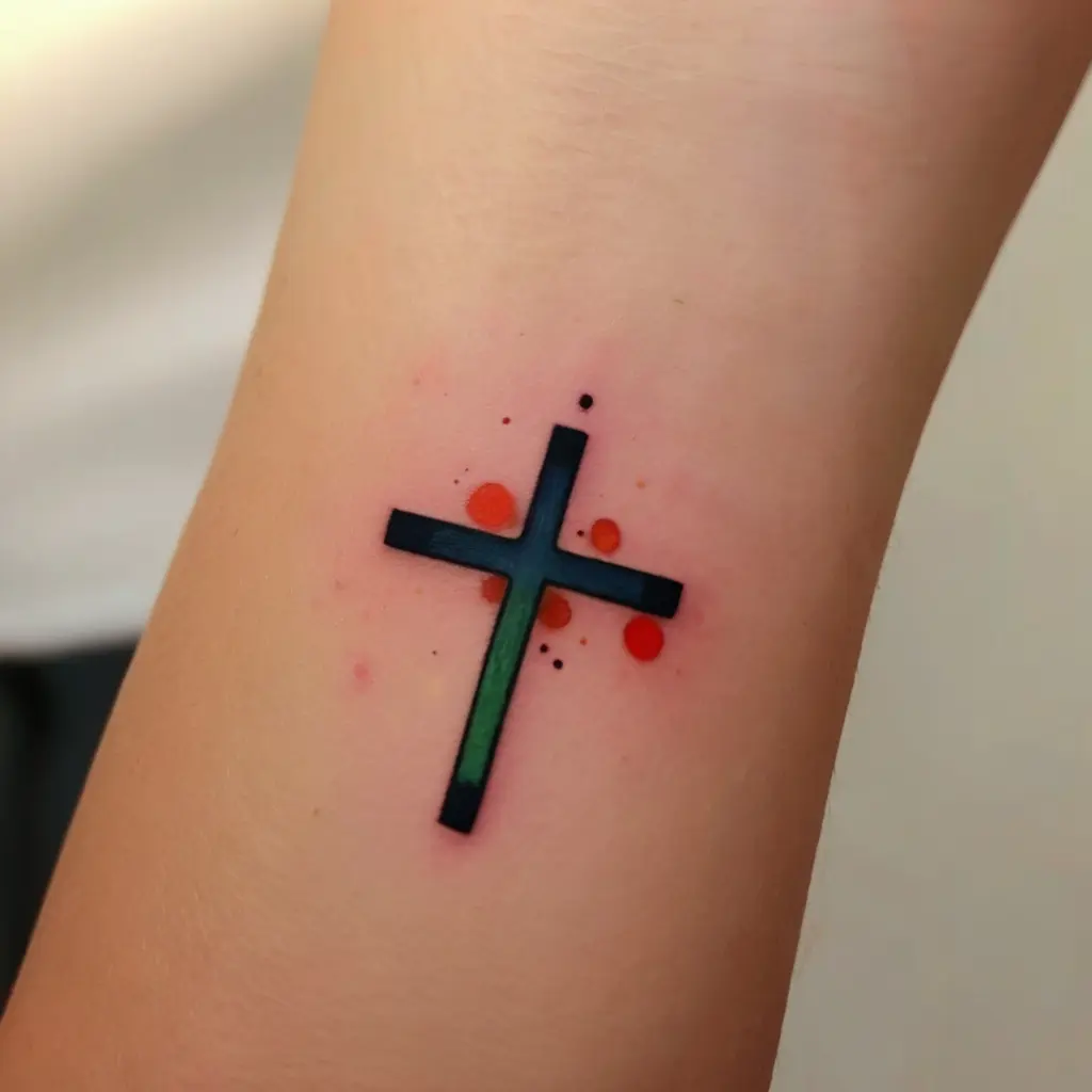 Colored Minimalist Cross Tattoo