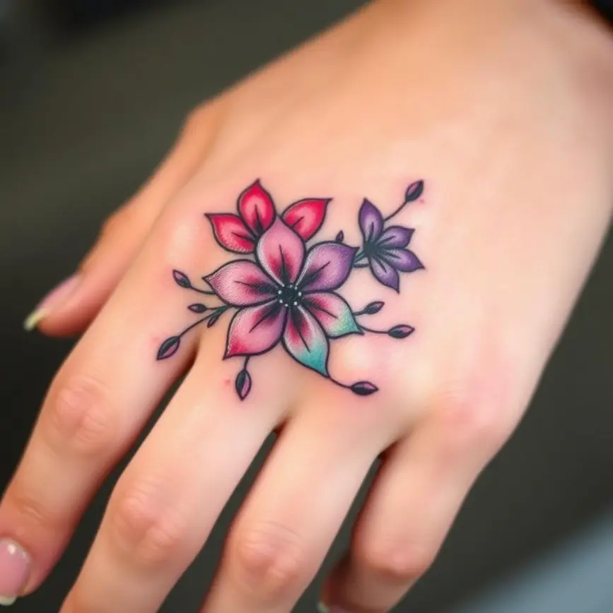 Colorful Flower Hand Tattoo