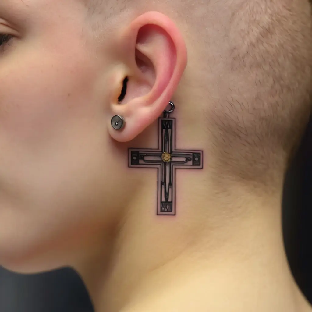 Cross Behind Ear Tattoo