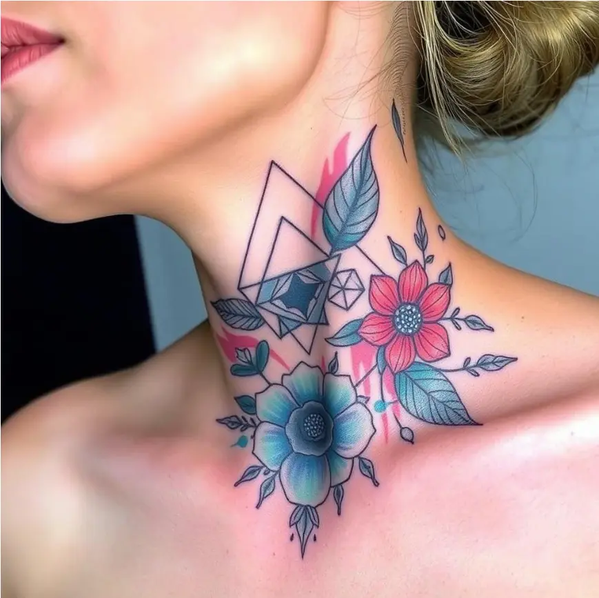 Female Front Neck Throat Tattoo 16