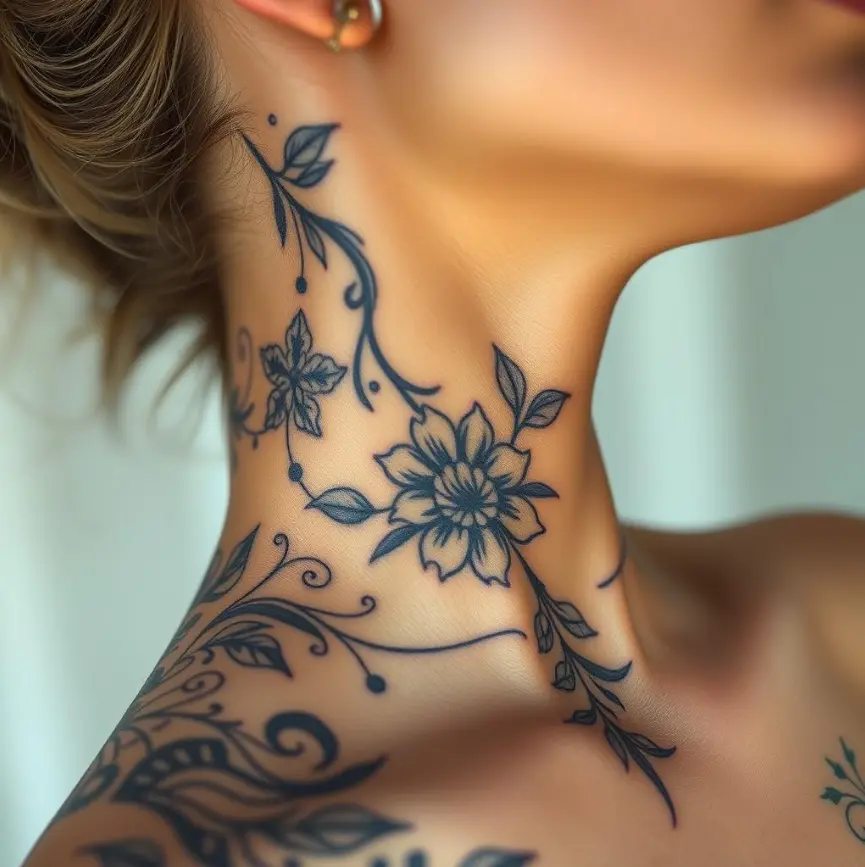 Female Front Neck Throat Tattoo 2