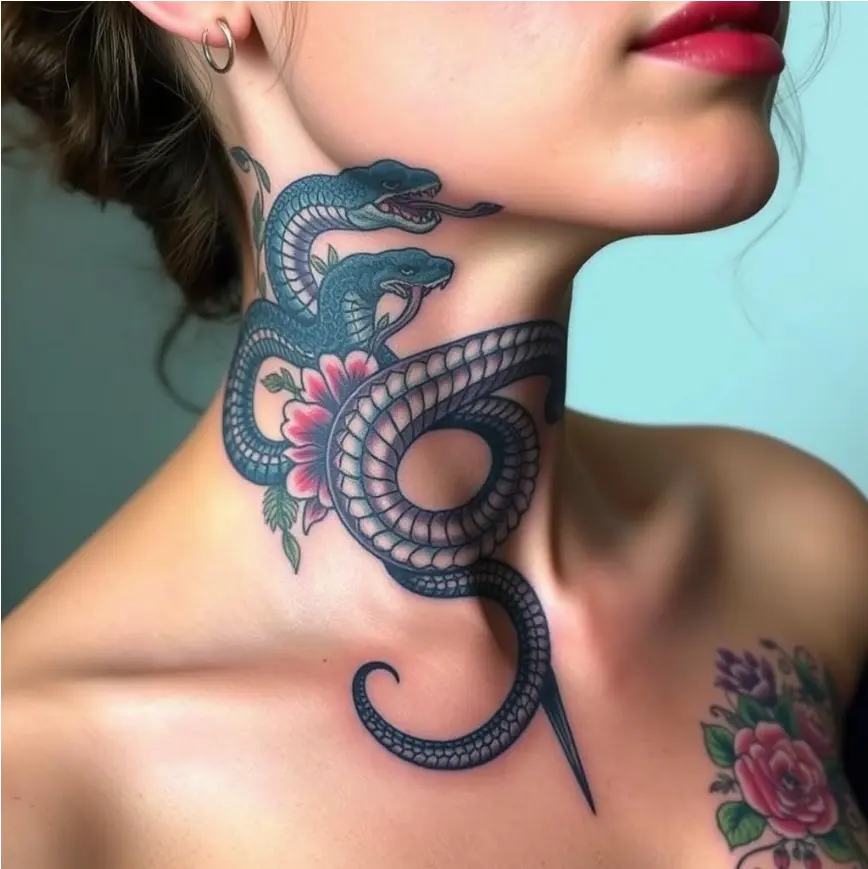 Female Front Neck Throat Tattoo 5