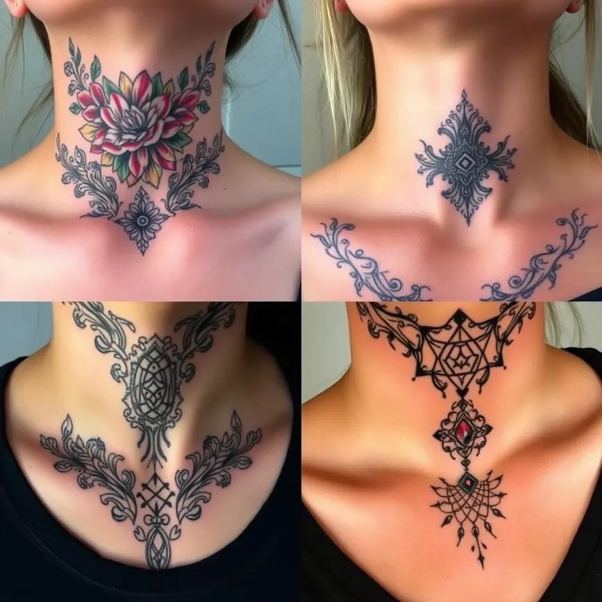 Female Front Neck Throat Tattoo