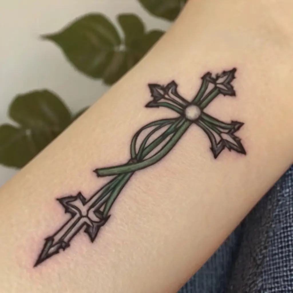Floral and Nature-Inspired Tiny Cross Tattoo