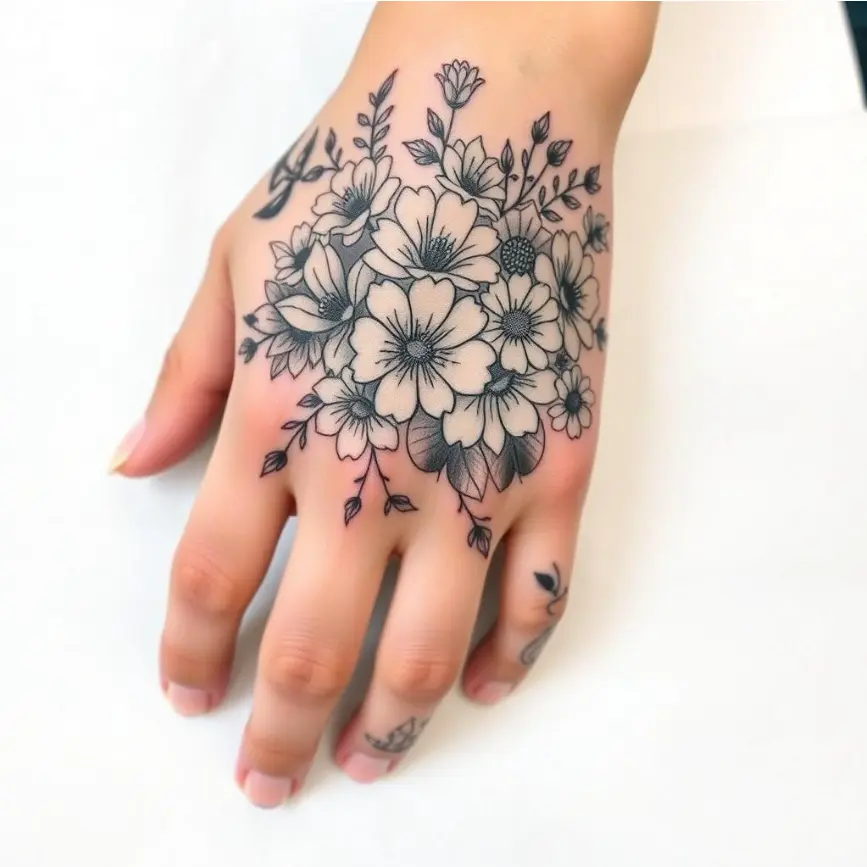 Garden Flower Hand Tattoo