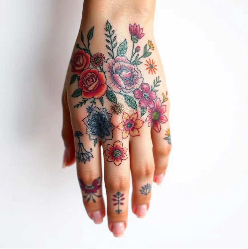 Rose, Lotus, and Cherry Blossom Significance Hand Tattoo