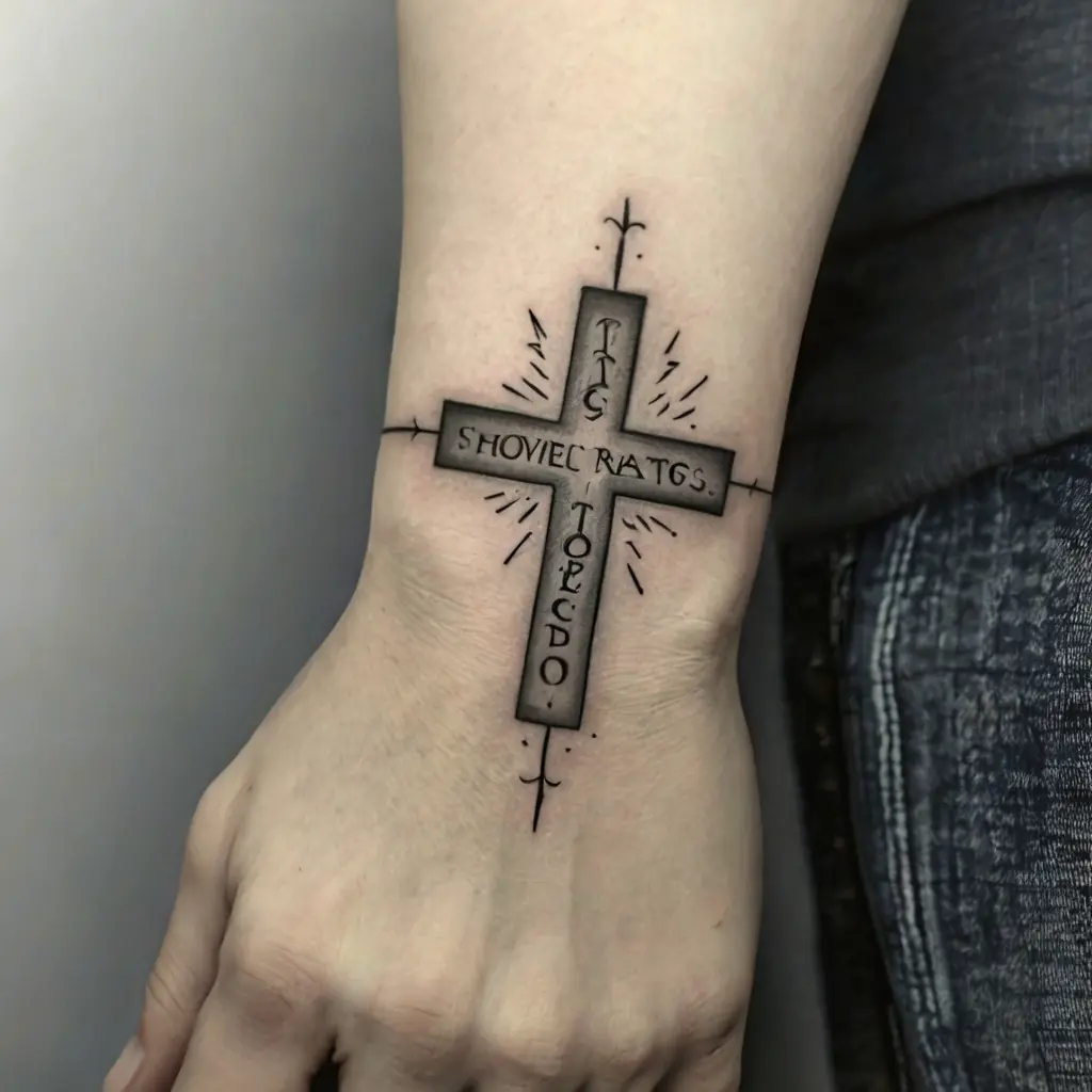 Scripture and Quote Tiny Cross Tattoo