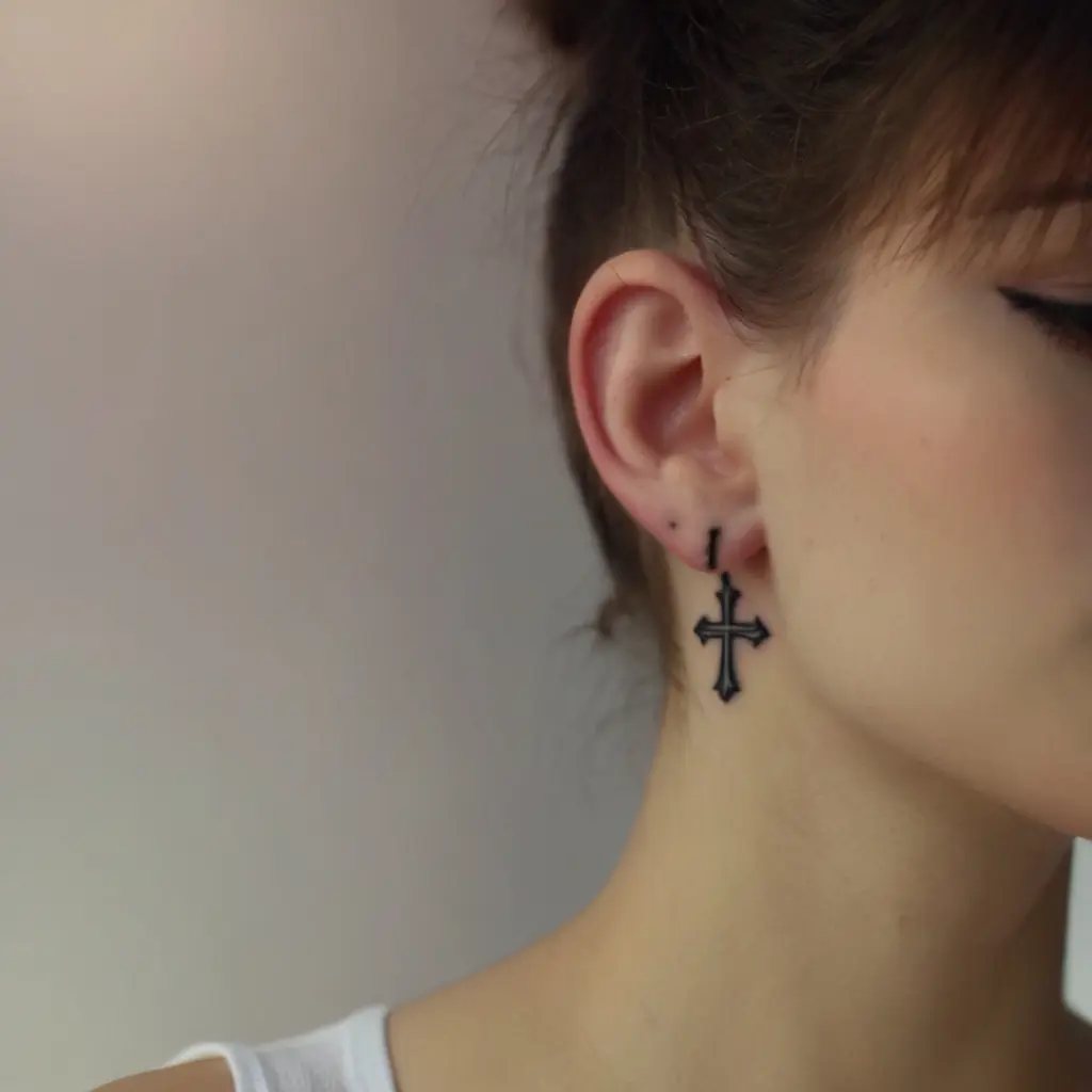 Small and Dainty Cross Behind Ear Tattoo 2