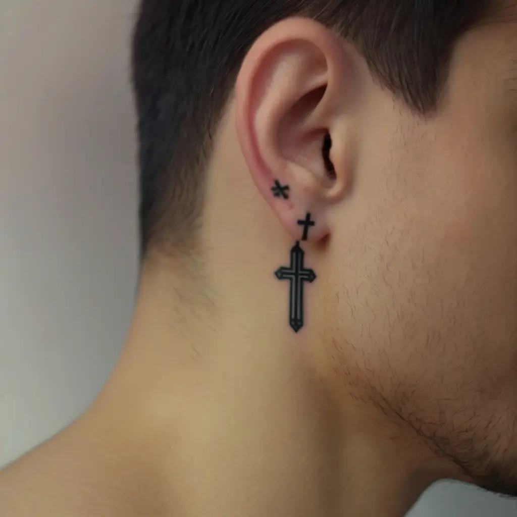 Small and Dainty Cross Behind Ear Tattoo