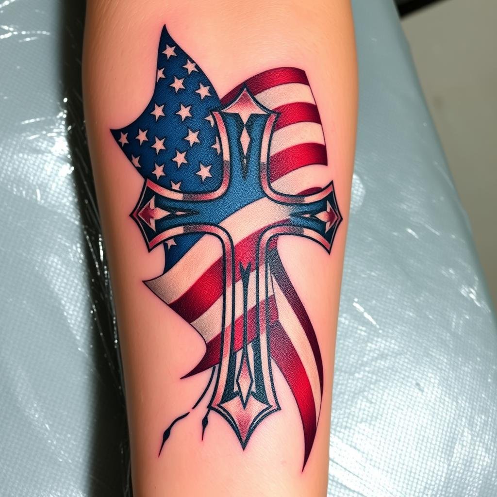 american flag cross tattoo forearm