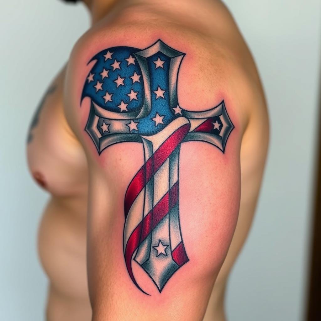 american flag cross tattoo on arm