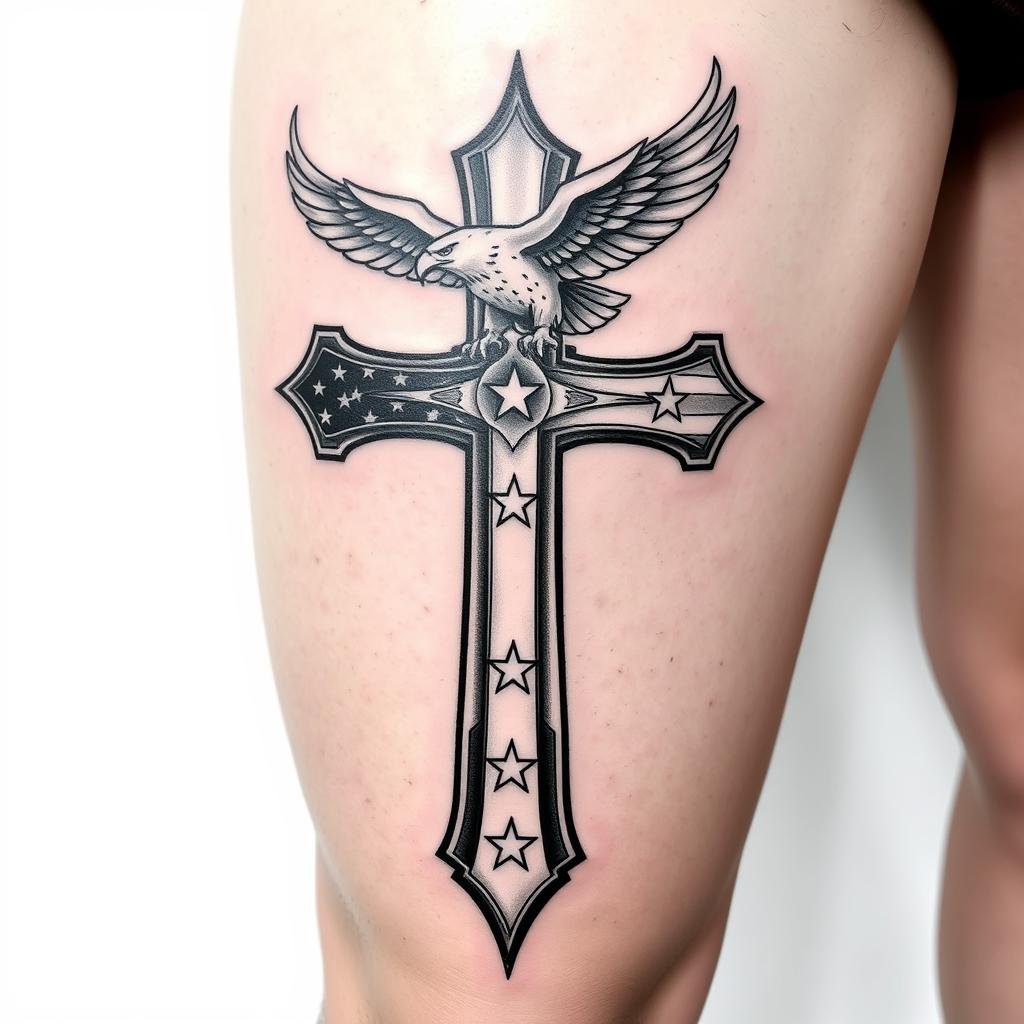 black and white american flag cross tattoo