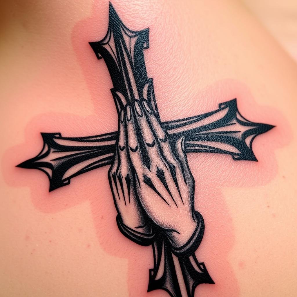 black cross tattoo with folded hands