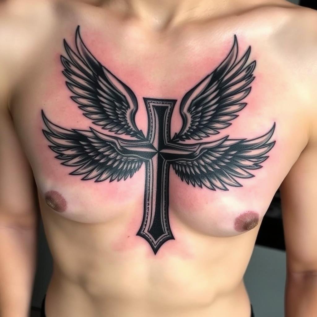 black cross tattoo with wings