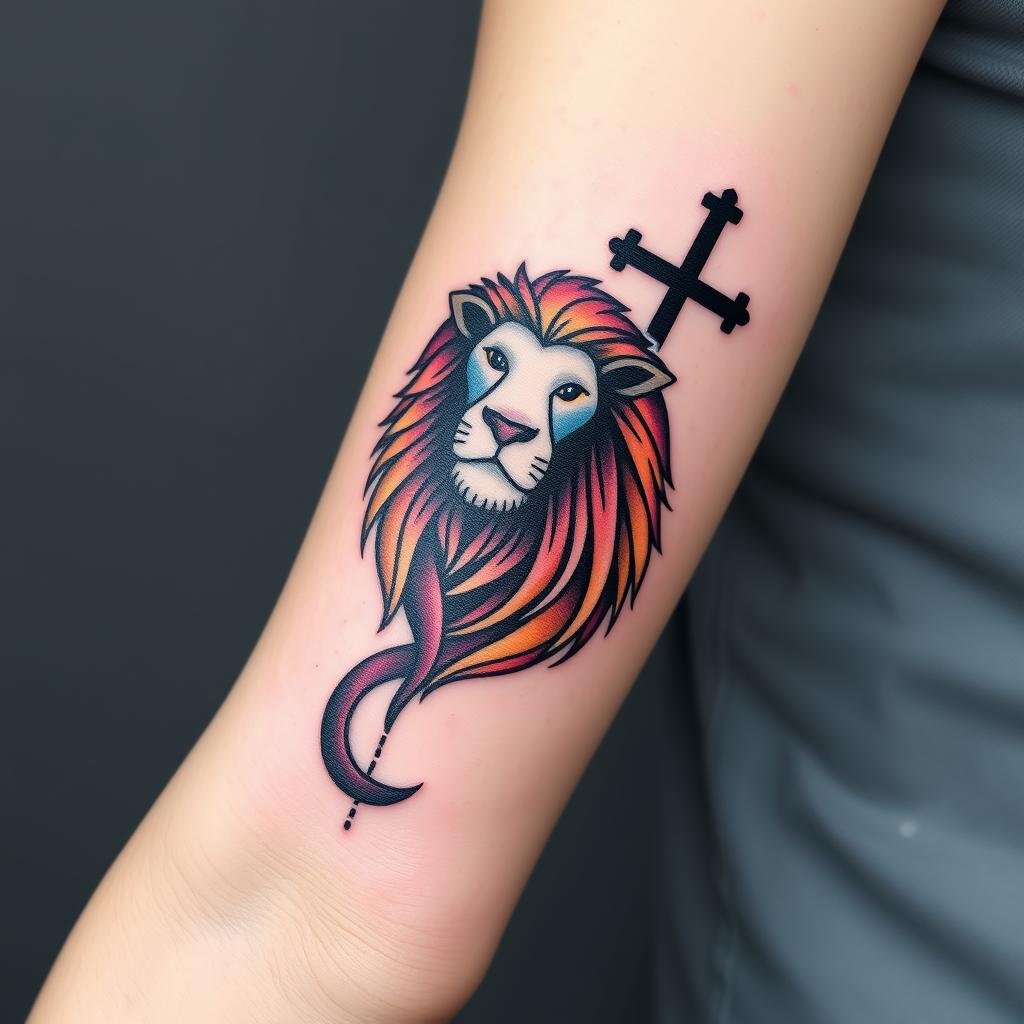 cross and lion tattoo