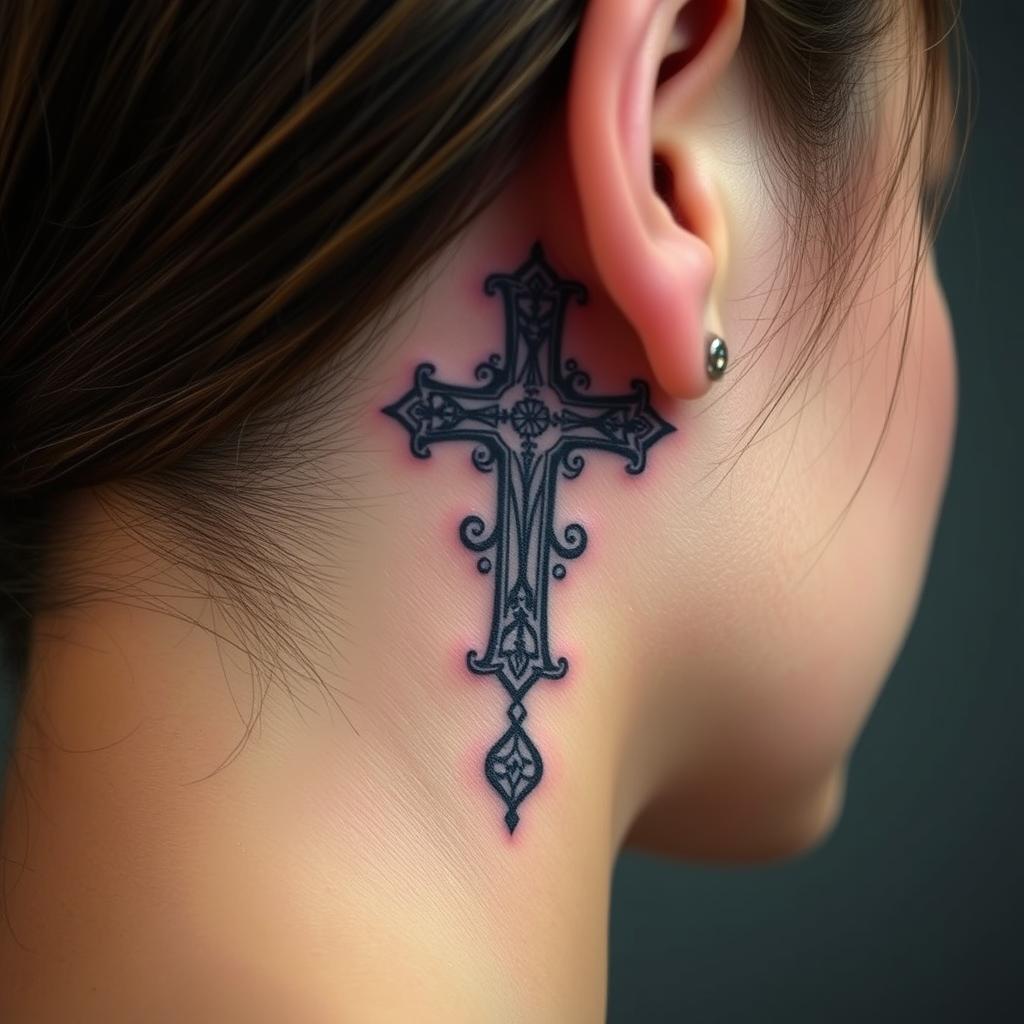 cross tattoos behind ear
