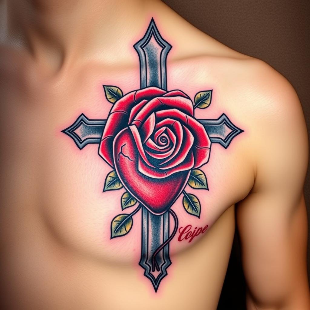 cross with rose and heart tattoo design