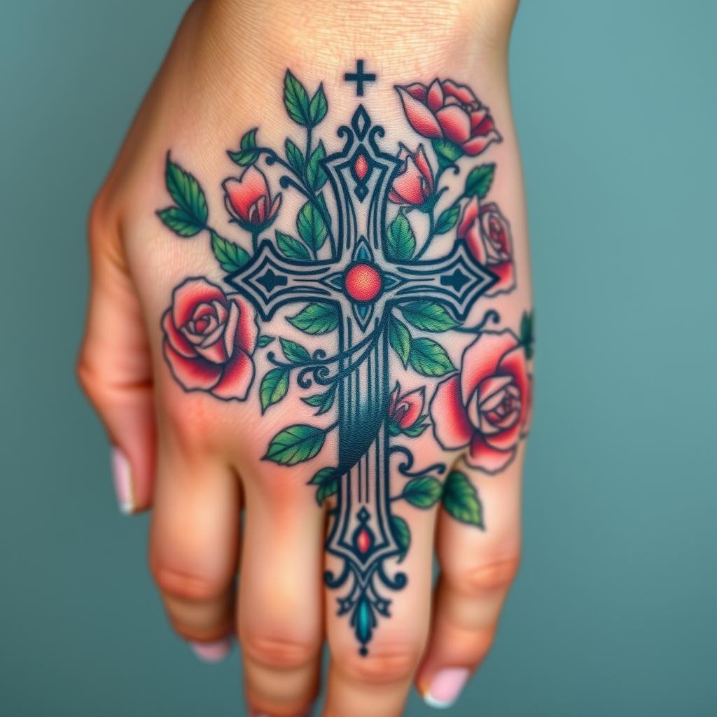 hand cross tattoos with floral