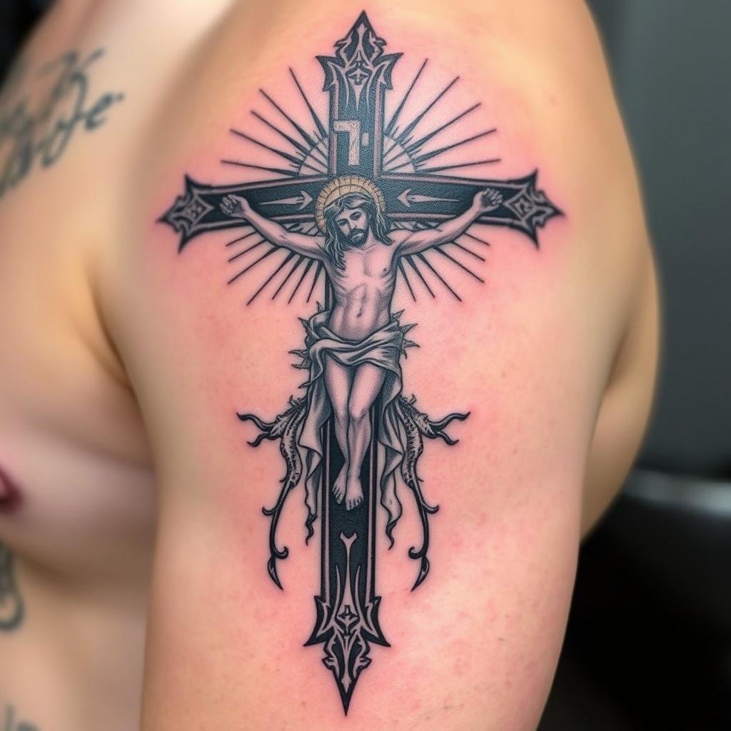 jesus with black cross tattoo