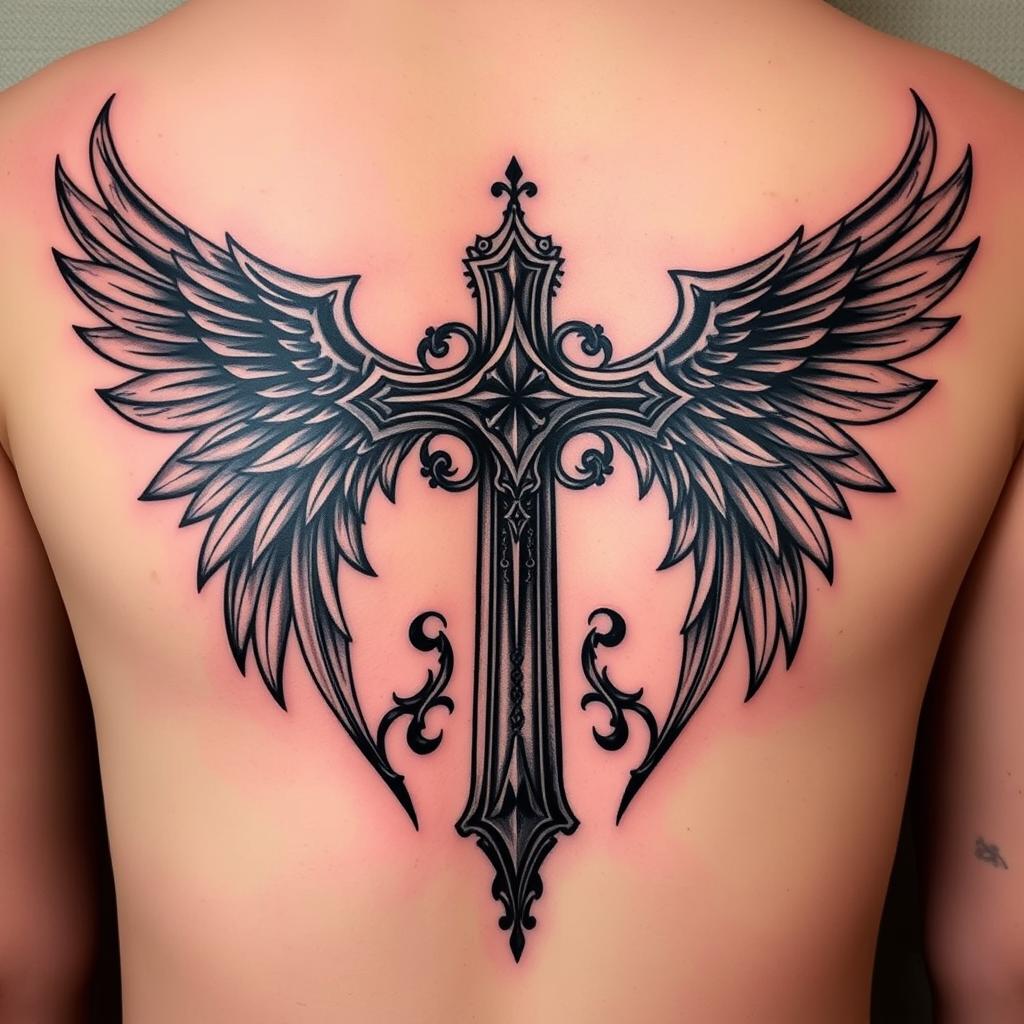 large and bold cross with wings tattoo designs