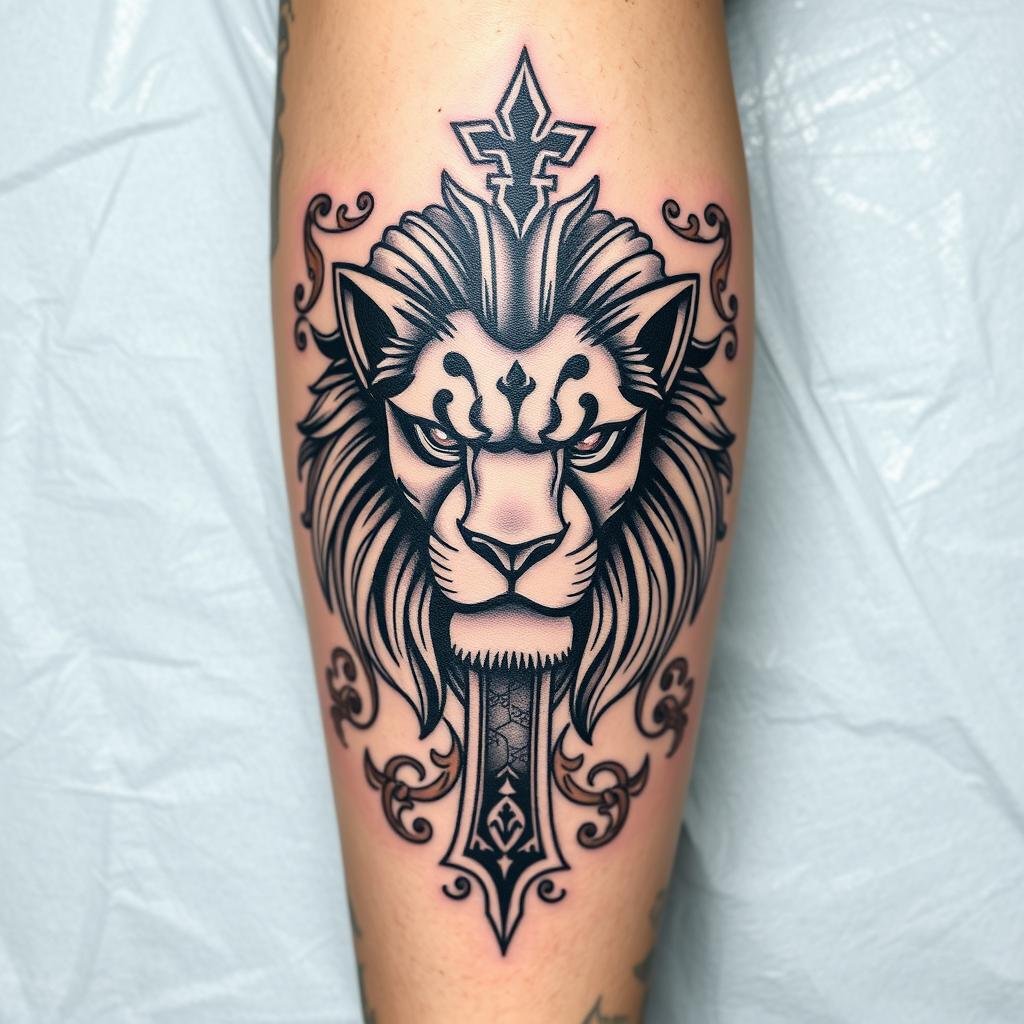 lion cross calf tattoo