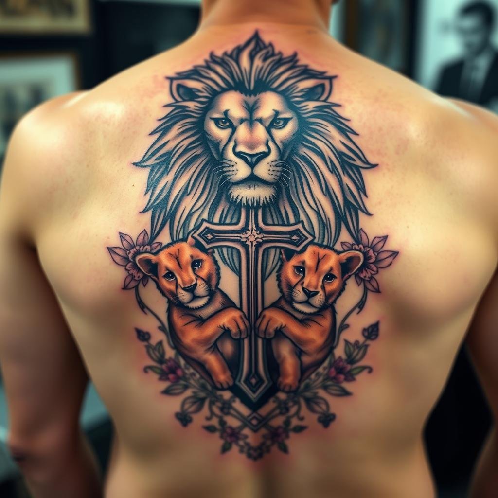 lion cross family tattoo