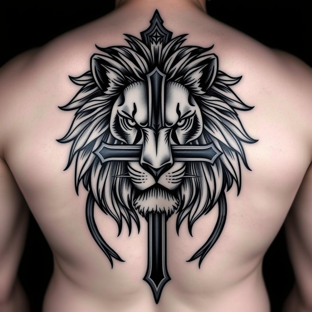 lion face cross tattoo