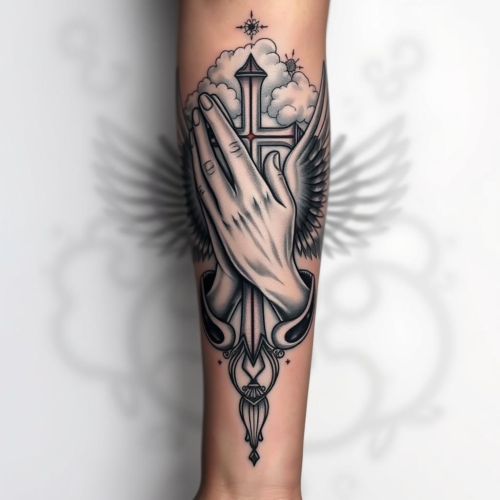 praying hands and cross with wings sleeve design