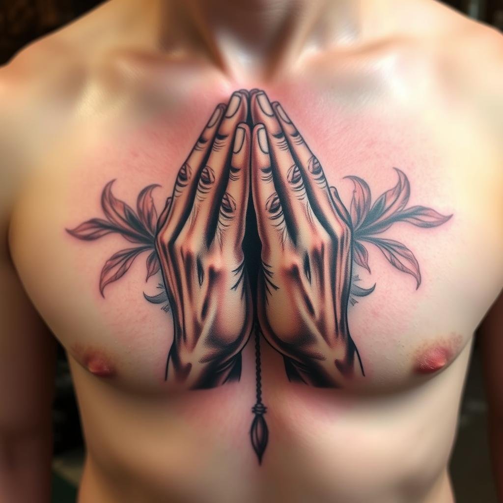 praying hands chest tattoo