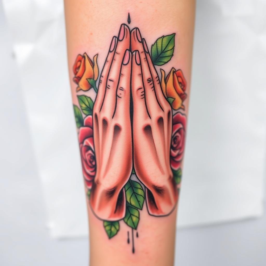 praying hands rose tattoo