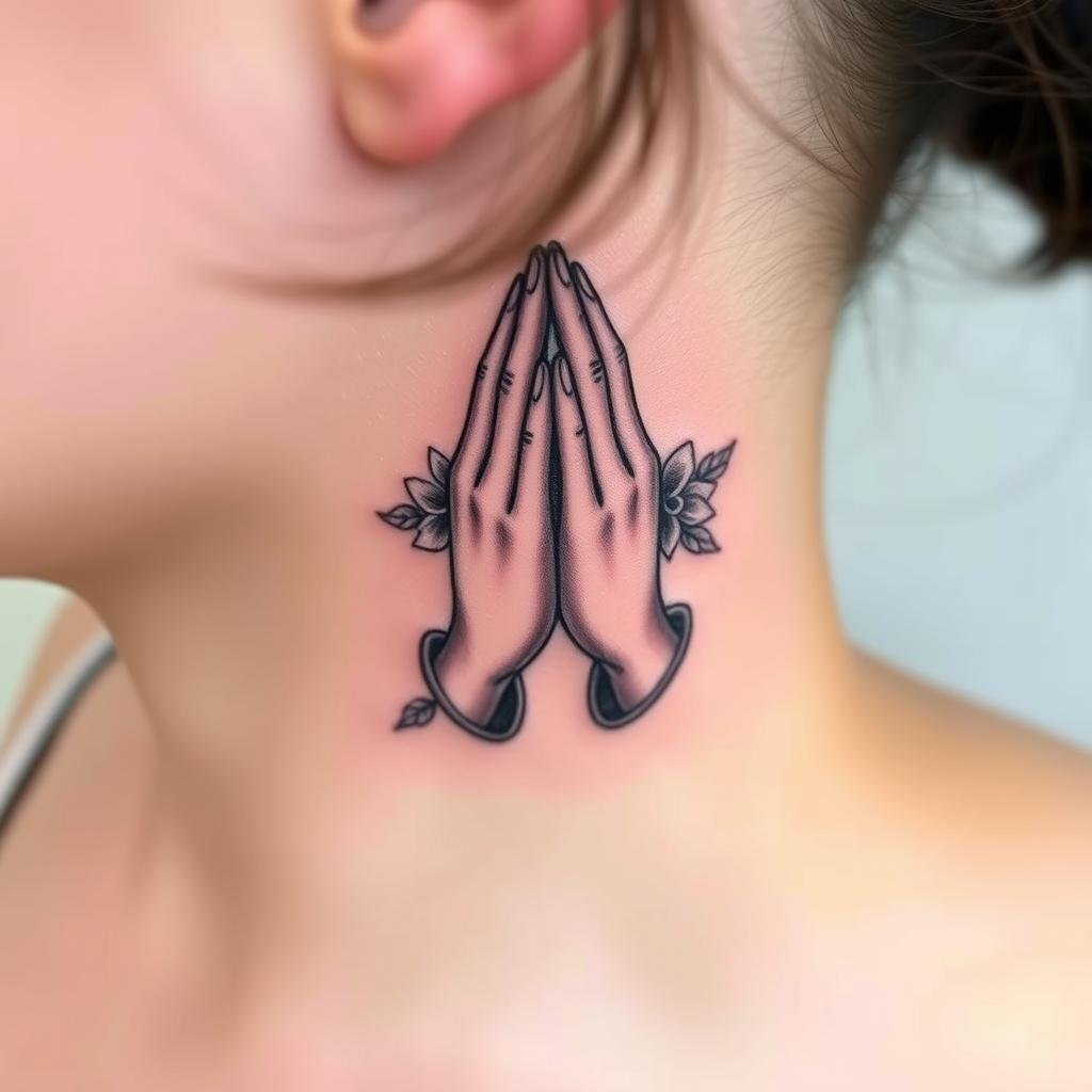 praying hands tattoo behind ear