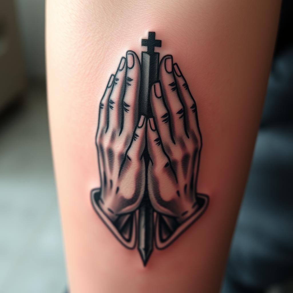 praying hands tattoo with cross