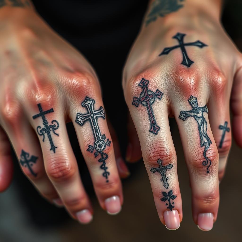 religious cross finger tattoos