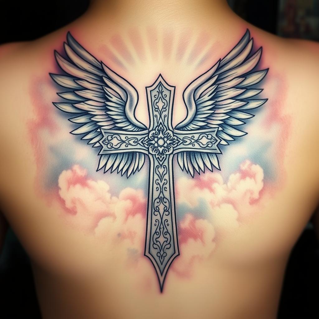 religious imagery of cross and wings tattoos