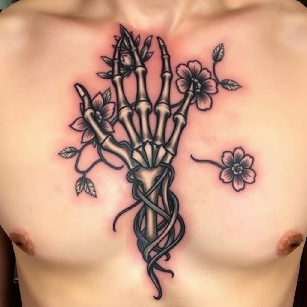 skeleton hand tattoo with flowers