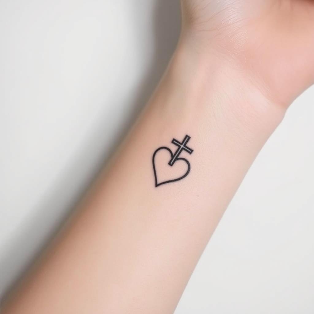 small cross with heart tattoo