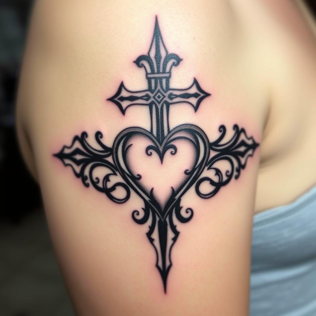 tribal cross with heart tattoo