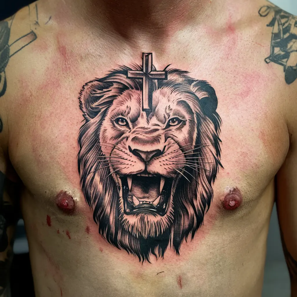 Lion with Cross Tattoos