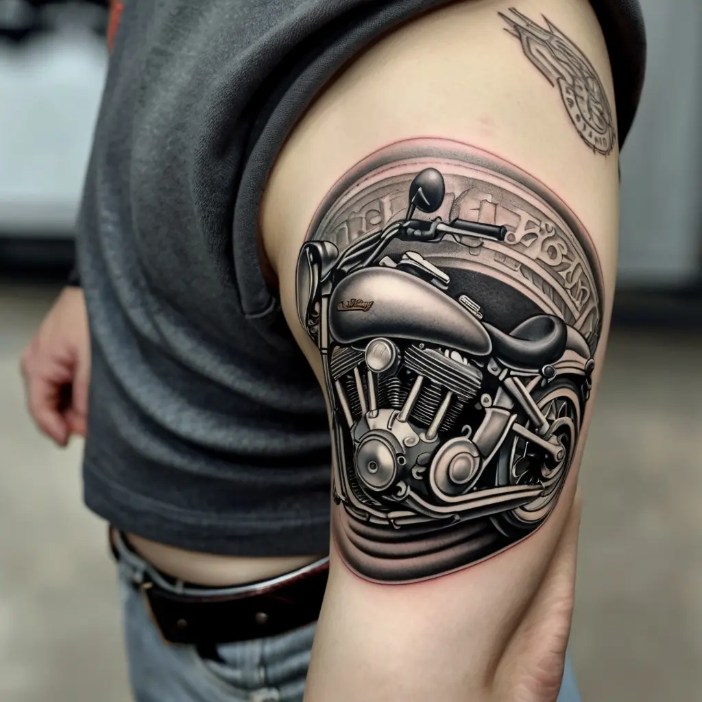Black and Gray Harley Davidson Tattoo